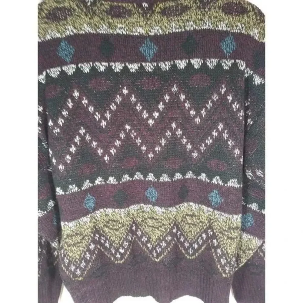 Vintage Impact Crew Neck Tribal Print Leather Trim Grandpa Sweater Sz Small